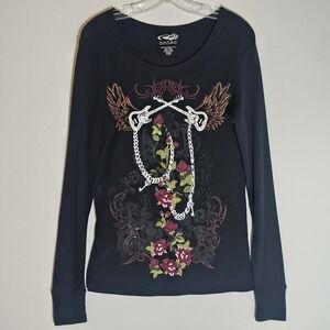 Roper Pullover Top Women Large Black Punk Guitar Wings Western Grunge Rhinestone